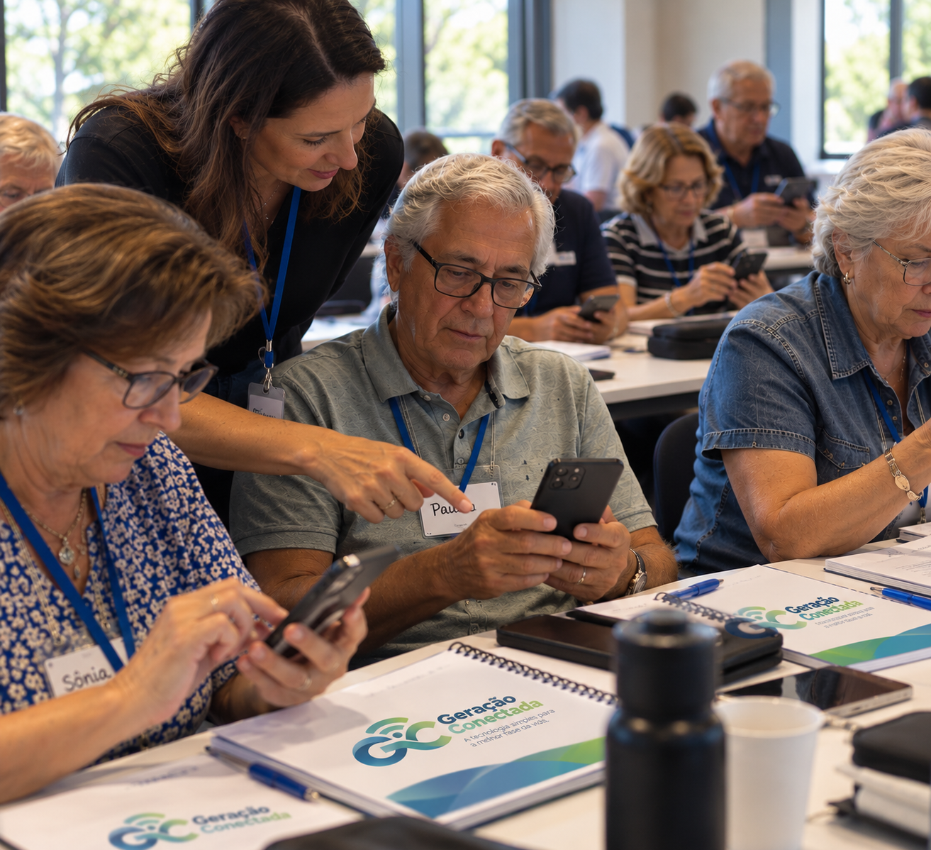 Monitora ajudando aluno 60+ a usar o smartphone durante a aula